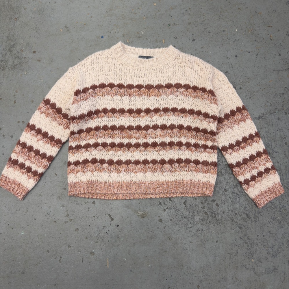 Elsamanda Italy Alpaca Mohair Blend Striped Chunky Knit Sweater Cream Brown L